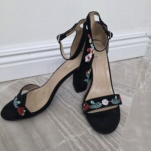 Bershka Black Heels with Colorful Floral Embroidery